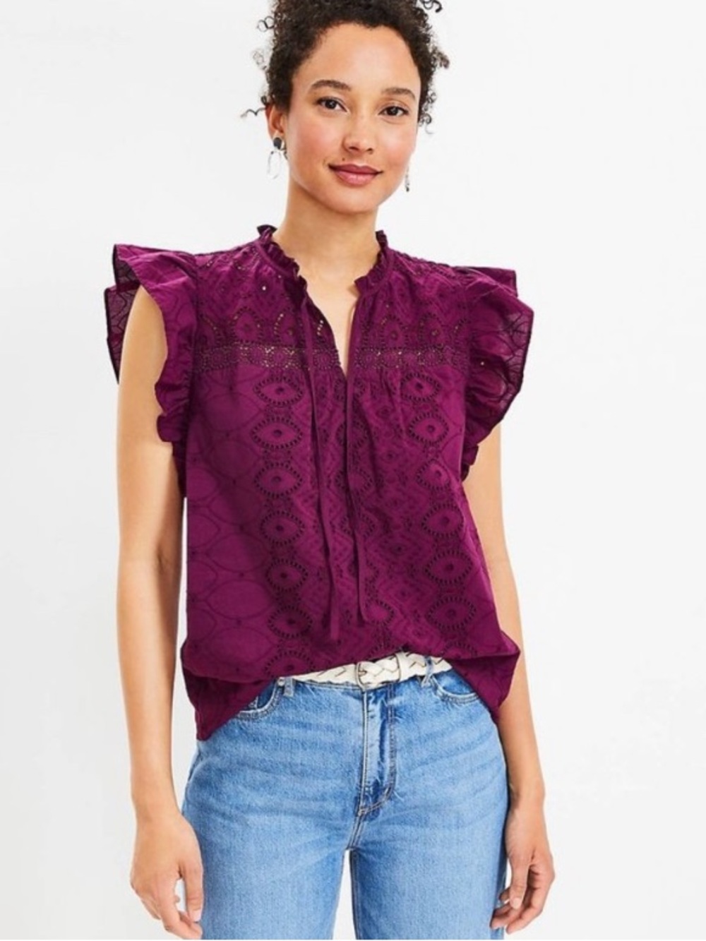 LOFT Eyelet Embroidered Flutter Sleeve Cotton Blouse Purple Size S
